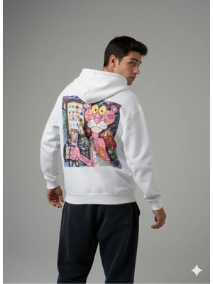 Lenithra Pembe Panter Sırt Baskılı Unisex Oversize Hoodie