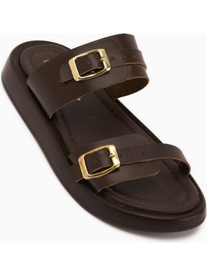 Limoya Matea Hakiki Deri Kahve Çift Bantlı Kadın Terlik