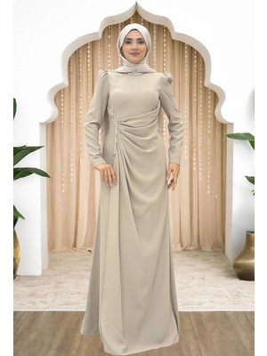 Amine Hüma Kristal Taş Detaylı Beli Drapeli Dilem Abiye Bej