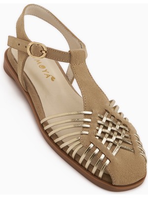 Limoya Kelly Hakiki Deri Bej Süet Kafes Detaylı Kemerli Kadın Sandalet
