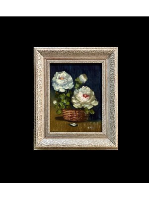 Pankart Ev Detay Sepette Çiçekler Imzalı Yağlıboya Tablo 30X36 Ölçülerinde Çerçeveli