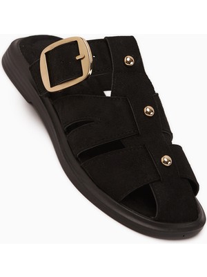 Limoya Joella Siyah Süet Tokalı Kadın Terlik