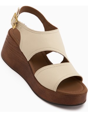 Limoya Olea Hakiki Deri Bej Dolgu Topuklu Kadın Sandalet