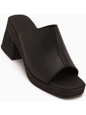 Limoya Fanny Hakiki Deri Siyah Topuklu Kadın Terlik