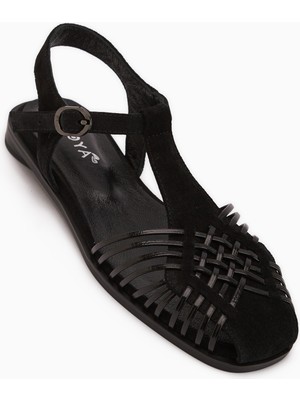 Limoya Kelly Hakiki Deri Siyah Süet Kafes Detaylı Kemerli Kadın Sandalet