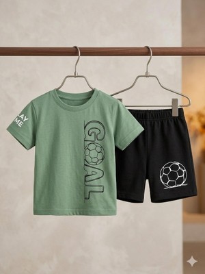 Bambu Efemkids1/4 Yaş Erkek Yazlık Alt-Üst Takım Şort(Kapri)+Tişört Baskılı Çocuk Takımı