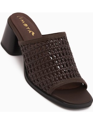 Limoya Luzia Hakiki Deri Kahve El Örgüsü Topuklu Kadın Terlik