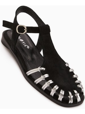 Limoya Kiera Hakiki Deri Siyah Süet Kemerli Kadın Sandalet