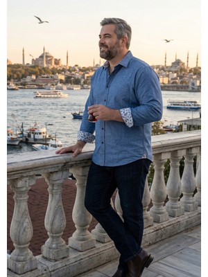 Exve Exclusive Mavi Oxford Pamuk Dokuma Yaka ve Manşet Desen Detaylı Büyük Beden Battal Gömlek