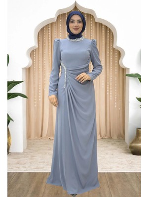 Amine Hüma Kristal Taş Detaylı Beli Drapeli Dilem Abiye Gri