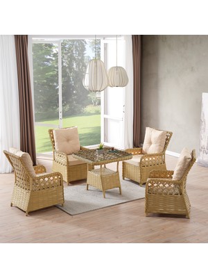EVDEMO Duru 4 Kişilik Rattan Bahçe Balkon Mutfak Masa Takımı Cappuccino