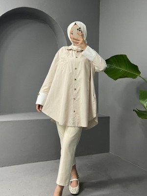 Modamorfo Metal Düğmeli Kemerli Çizgili Tunik  -Bej