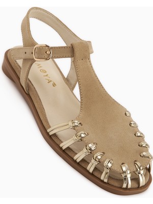 Limoya Kiera Hakiki Deri Bej Süet Kemerli Kadın Sandalet