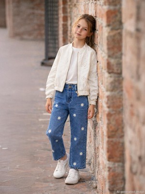 Civil Girls Papatya Nakışlı 6-9 Yaş Pantolon - Mavi