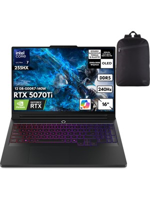Lenovo Legion Pro 7 16IAX10H Ultra 7-255HX 64-Gbddr5 2 Tbssd RTX5070TI (12 GB-GDDR7-140W) 16" Wqxga OLED 240Hz Windows 11 Pro + Hmf Sırt Çantası 83F500J8TRHMF3