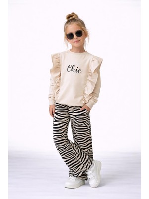 Wikiboom Kız Çocuk "stay Chic" Fırfırlı Sweatshirt ve Zebra Desenli Pantolon Takım 50041KREM