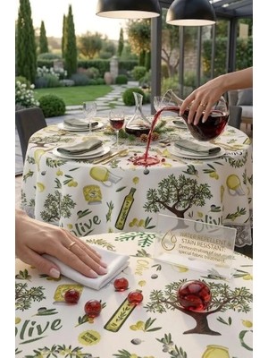 Rona Home Zeytin Dalı Desenli Kenarı Güpürlü Lüks Yuvarlak Masa Örtüsü Leke Tutmaz Duck Kumaş Şık Sofra Bezi