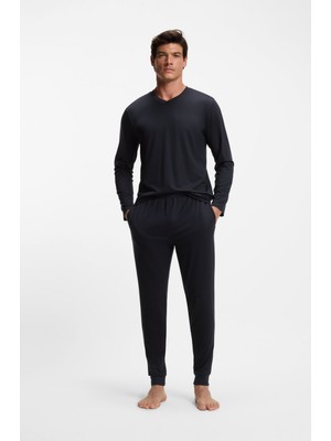 Boss Erkek Normal Kesim Her Yeri Baskılı Rahat Kumaş Lacivert Pijama Takımı 50557169-405