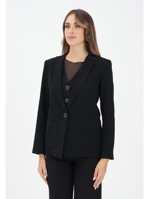 Armani Exchange Kadın Normal Kalıp Pürüzsüz Kumaş Omuz Pedli Cep Detaylı Tek Düğmeli Siyah Ceket XW001277 AF16148-UC001