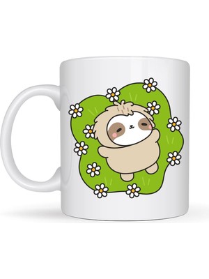 Özfırat Pvc Yapı Çiçekli Tembel Hayvan Desenli Porselen Kupa Model 110 – Sevimli Sloth Tasarımlı Kahve Kupası , Huzur Veren Hediye