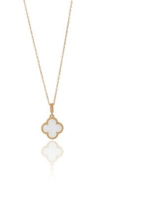 Ada Life Gümüş (Çantalı Kutu) 925 Ayar Gümüş 18 Ayar Gold Kaplama Beyaz Taşlı Yonca Kolye