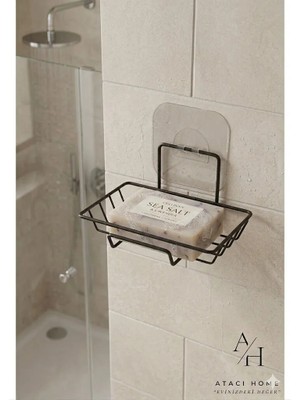 Atacı Home Yapışkanlı Siyah Dekoratif Sabunluk Banyo Düzenleyici Banyo Askı Aksesuar Sabunluk