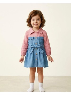 The Littles Kids Kız Çocuk %100 Pamuklu Müslin Kumaş Beli Kuşaklı Düğmeli Pembe Renk Mevsimlik Kot Elbise
