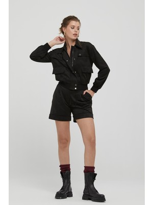 Kadın Uzun Kol Fermuar Kapamalı Beli Lastikli Cepli Siyah Ceket NAAR91622-SİYAH