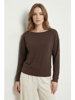 Rays Kahve Kayık Yaka Taş Detaylı Bluz 8364