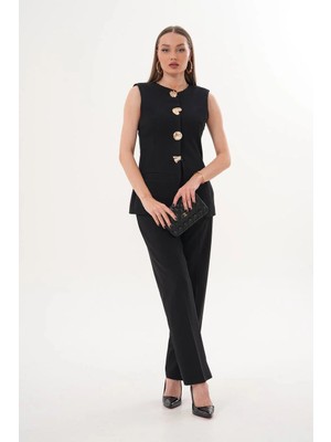 Konus Femme Gold Düğme Detaylı Yelek Pantolon Takım – Şık ve Modern Kadın Kombin