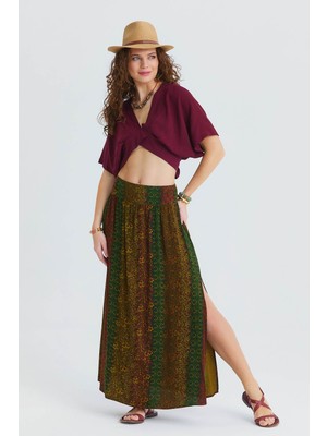 Los Banditos Çiçek Desenli Arka Bel Lastikli Derin Yırtmaçlı Etek