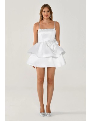 ALFABETA Kadın Mini Boy Desenli Ip Askılıklı Şifon Kumaş Beyaz Abiye & Mezuniyet Elbisesi AB6572-BEYAZ