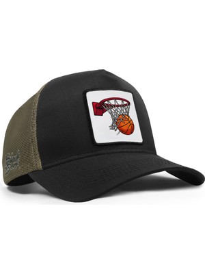 BlackBörk Basketbol Logolu Cordura Siyah-Haki Trucker Şapka