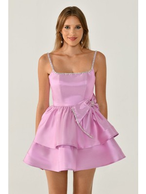 ALFABETA Kadın Mini Boy Desenli Ip Askılıklı Şifon Kumaş Pembe Abiye & Mezuniyet Elbisesi AB6572-PEMBE