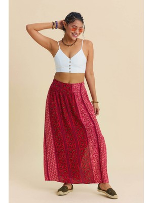 Los Banditos Çiçek Desenli Arka Bel Lastikli Derin Yırtmaçlı Etek