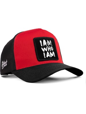 BlackBörk I Am Who I Am Logolu Kırmızı-Siyah Trucker Şapka