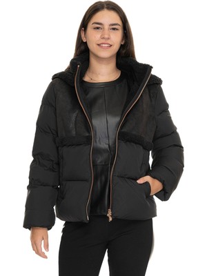 EA7 Kadın Koyun Postu Efektli Kumaş Rüzgara Dayanıklı Kapüşonlu Siyah Ceket 6DTB13 TNAWZ-1200