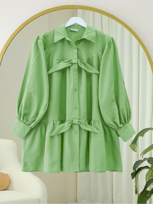 Modamorfo Önü Düğmeli Kurdela Detaylı Salaş Gömlek  -Yeşil