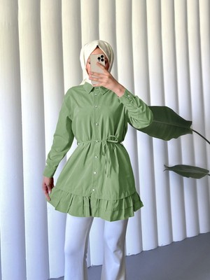 Modamorfo Etek Ucu Katlı Fırfırlı Düğmeli Poplin Gömlek Tunik -Yeşil
