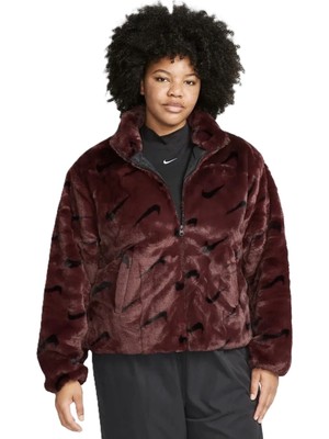 Nike Sportswear Loose Fit Printed Faux Fur Jackret Geniş Kalıp Suni Kürk Kadın Ceket Bordo