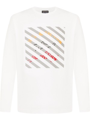 Paul & Shark Erkek Büyük Logolu Uzun Kol Rahat Kesim Beyaz Büyük Beden T-Shirt P20P1502A-010