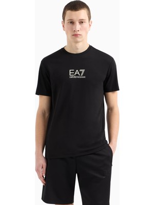 Erkek Slim Fit Yuvarlak Yakalı Gold Kaplamalı Kontrast Ea7 Logolu Siyah T-Shirt 7M000301 AF13739-UC001