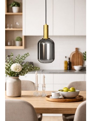 Mars Concept Modern Amber & Füme Cam Tekli Sarkıt Avize Gold Metal Gövdeli Dekoratif Mutfak & Salon Avizesi