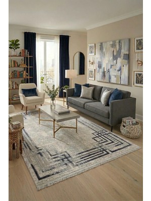 Ceremony Home Gri Krem Modern Salon Halısı, Saçaklı Oturma Odası Halısı, Leke Tutmaz, Kolay Temizlenir A839B Y9