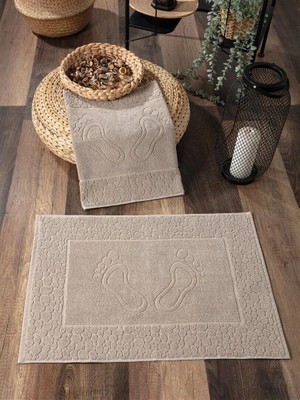 Sevim 2'li Ayak Izli Ayak Havlusu Seti Bej-  Pamuk - Dayanıklı ve Yüksek Su Emici - 50X70 cm
