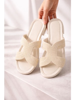 Slipcat Kadın Hasır Görünümlü Bantlı Plaj Balkon Günlük Terlik Rahat Taban Şık Yaz Kombini
