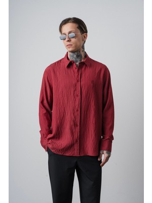 Respire Erkek Çizgi Detaylı Uzun Kollu Oversize Gömlek Bordo