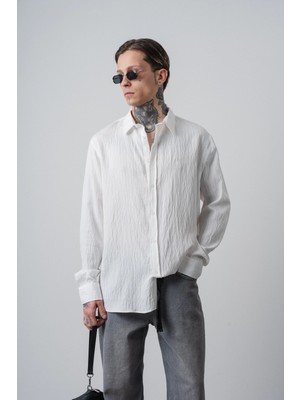 Respire Erkek Çizgi Detaylı Uzun Kollu Oversize Gömlek Beyaz