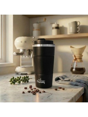 Any Morning BA21549 Paslanmaz Çelik Termos Mug 500 ml Siyah, Kaymaz Silikon Halka, Sızdırmaz Kapak