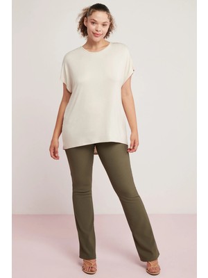 Ethiquet Ethıquet Amanda Kadın Viskon Karışımlı Dökümlü Oversize Bej Büyük Beden T-Shirt